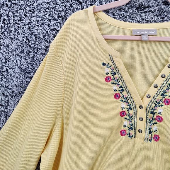 Woman Within Women Cottagecore Boho Embroidered Henley Top 3X Yellow Waffle Knit - Picture 8 of 16